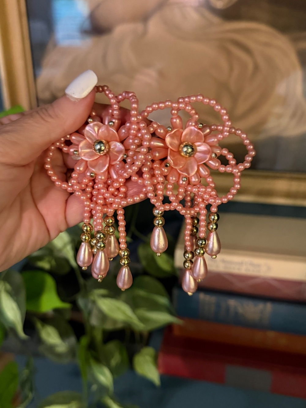 Vintage 1980’s Handmade Pink Pearl Beaded Floral Hair Bow Barrette Clip